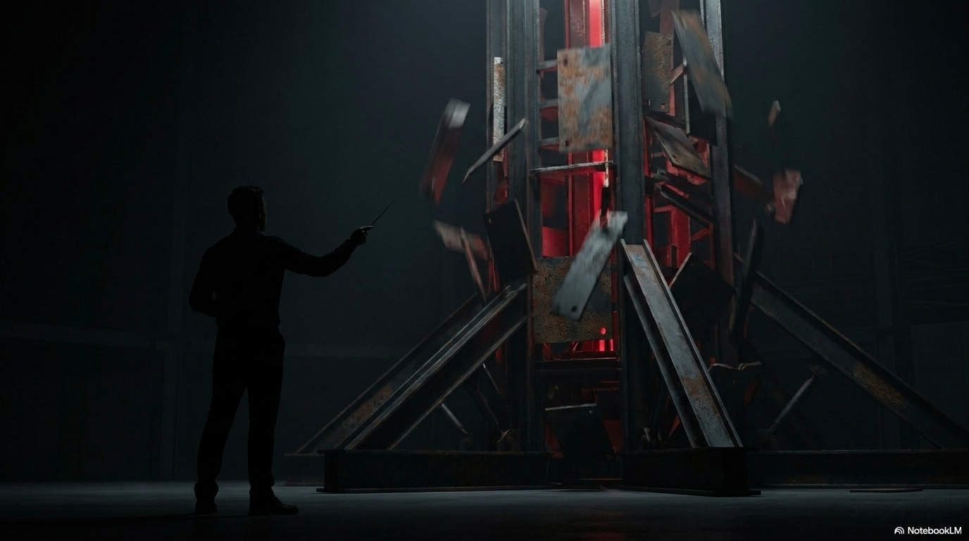 A silhouette facing a red-lit industrial tower representing regulatory oversight and compliance architecture.